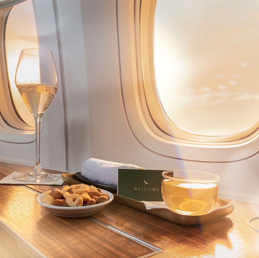 First class food and drink in window bay